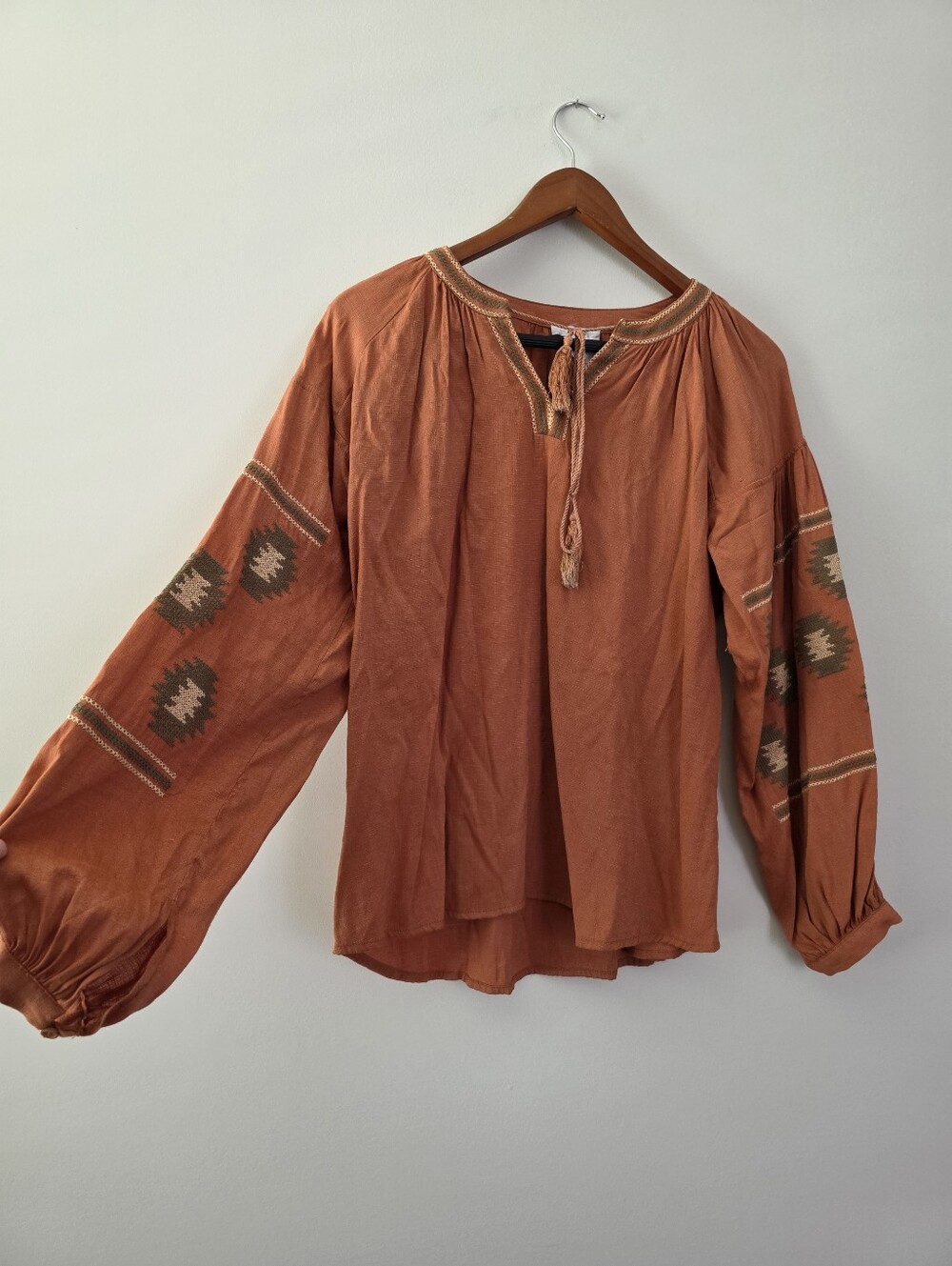 Embroidered Western Chic Longsleeve Blouse Burnt Orange Aztec Boho Esley Womns M